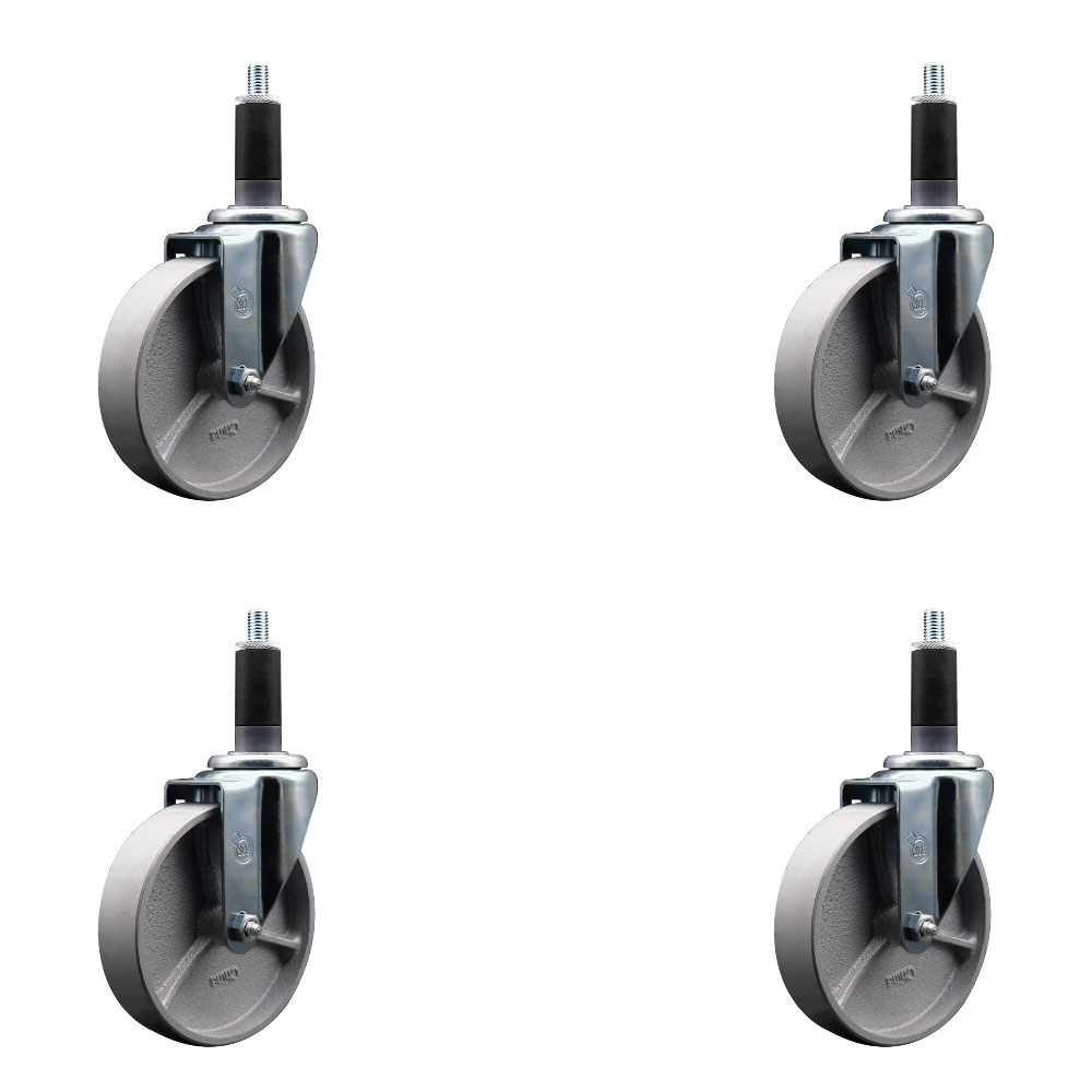 Semi Steel Cast Iron Swivel Expanding Stem Caster Set of 4 with Roller Bearings - 5" x 1.5" Silver Wheels and 1-1/8" Stems - Includes 4 Swivel - 1200 lbs Total Capacity - Service Caster Brand — photo 1