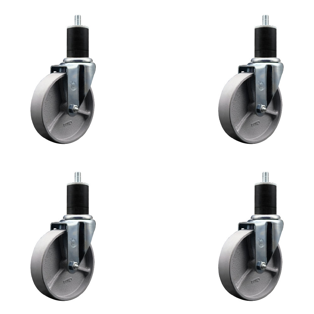 Semi Steel Cast Iron Swivel Expanding Stem Caster Set of 4 with Roller Bearings - 5" x 1.5" Silver Wheels and 1-3/4" Stems - Includes 4 Swivel - 1200 lbs Total Capacity - Service Caster Brand — photo 1