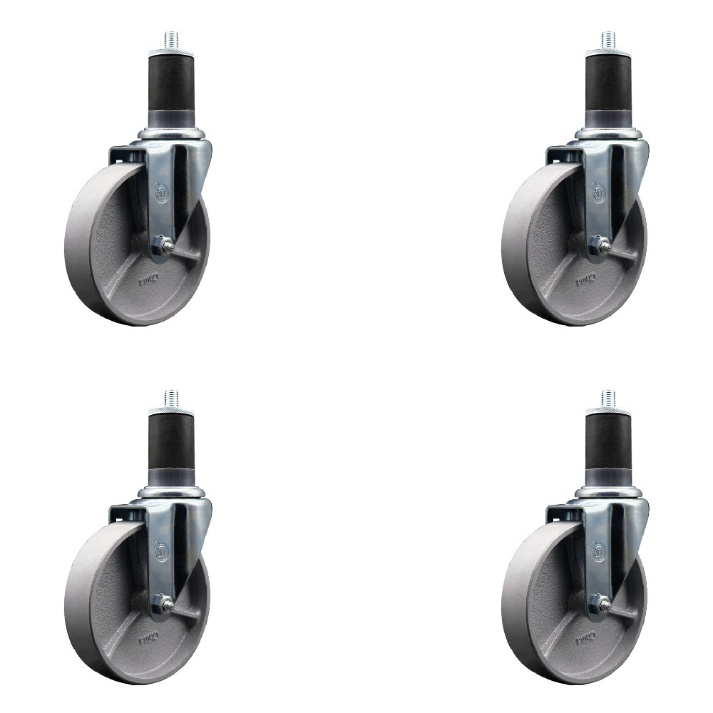 Semi Steel Cast Iron Swivel Expanding Stem Caster Set of 4 with Roller Bearings - 5" x 1.5" Silver Wheels and 1-5/8" Stems - Includes 4 Swivel - 1200 lbs Total Capacity - Service Caster Brand — photo 1