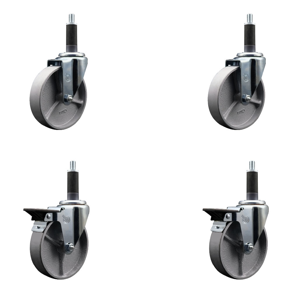 Semi Steel Cast Iron Swivel Expanding Stem Caster Set of 4 w/Roller Bearings - 5" x 1.5" Silver Wheels and 1" Stems - 2 with Posi Locking Brakes - 1200 lbs Total Capacity - Service Caster Brand — photo 1