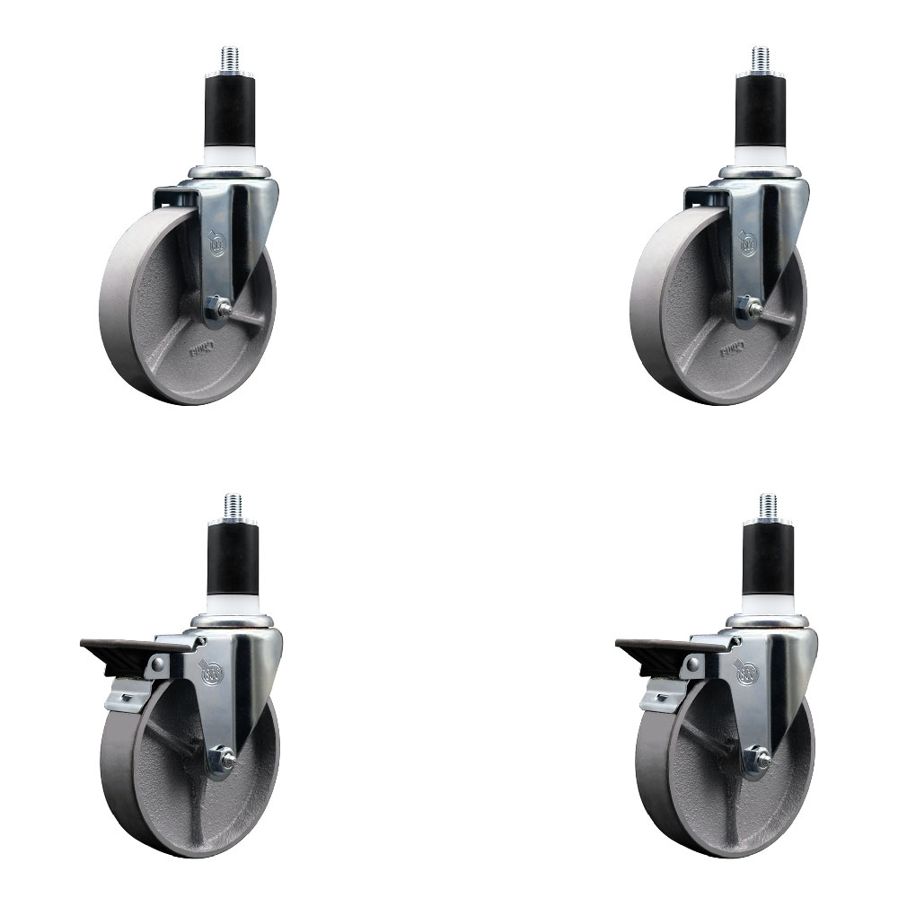 Semi Steel Cast Iron Swivel Expanding Stem Caster Set of 4 with 5 Inch Silver Wheels and 1-1/2" Stems - Includes 2 with Posi Locking Brakes - 1200 lbs Total Capacity - Service Caster Brand — photo 1