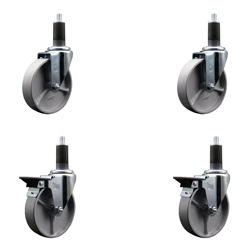 Semi Steel Cast Iron Swivel Expanding Stem Caster Set of 4 w/Roller Bearings - 5" x 1.5" Silver Wheels and 1-1/4" Stems - 2 with Posi Locking Brakes - 1200 lbs Total Capacity - Service Caster Brand — photo 1