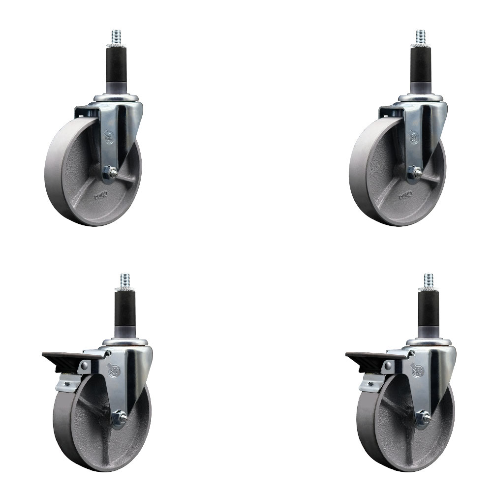 Semi Steel Cast Iron Swivel Expanding Stem Caster Set of 4 with 5 Inch Silver Wheels and 1-1/8" Stems - Includes 2 with Posi Locking Brakes - 1200 lbs Total Capacity - Service Caster Brand — photo 1