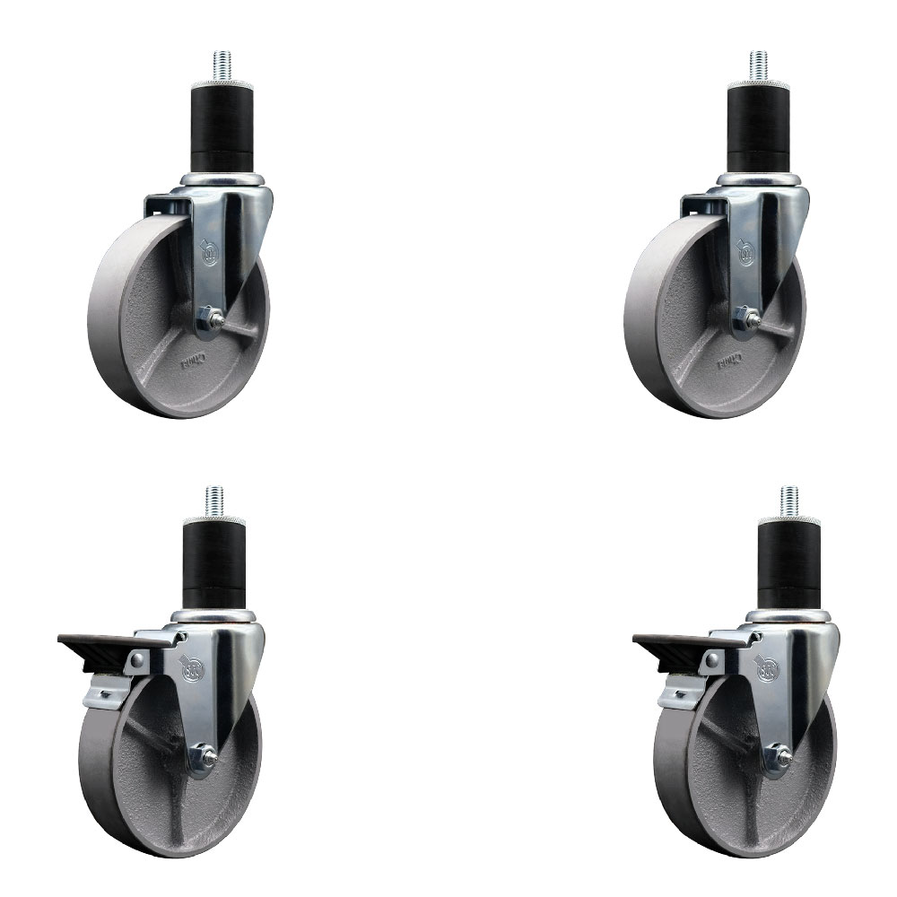 Semi Steel Cast Iron Swivel Expanding Stem Caster Set of 4 w/Roller Bearings - 5" x 1.5" Silver Wheels and 1-3/4" Stems - 2 with Posi Locking Brakes - 1200 lbs Total Capacity - Service Caster Brand — photo 1