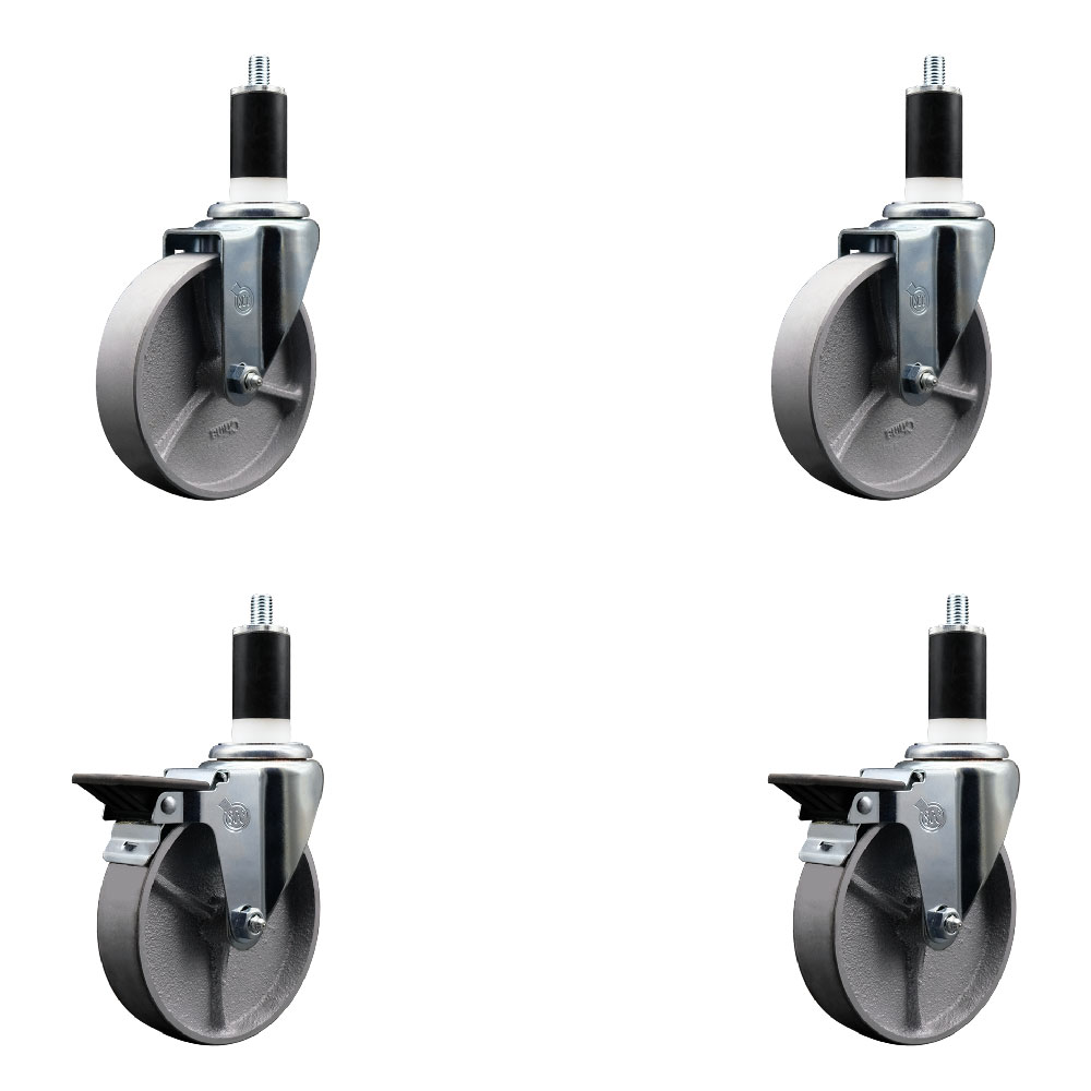 Semi Steel Cast Iron Swivel Expanding Stem Caster Set of 4 w/Roller Bearings - 5" x 1.5" Silver Wheels and 1-3/8" Stems - 2 with Posi Locking Brakes - 1200 lbs Total Capacity - Service Caster Brand — photo 1
