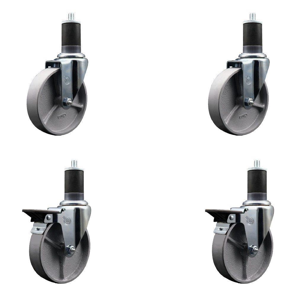Semi Steel Cast Iron Swivel Expanding Stem Caster Set of 4 w/Roller Bearings - 5" x 1.5" Silver Wheels and 1-5/8" Stems - 2 with Posi Locking Brakes - 1200 lbs Total Capacity - Service Caster Brand — photo 1