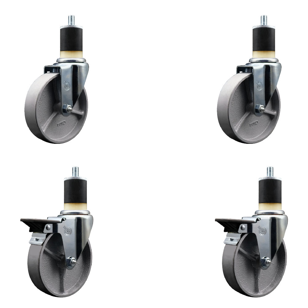 Semi Steel Cast Iron Swivel Expanding Stem Caster Set of 4 w/Roller Bearings - 5" x 1.5" Silver Wheels and 1-7/8" Stems - 2 with Posi Locking Brakes - 1200 lbs Total Capacity - Service Caster Brand — photo 1