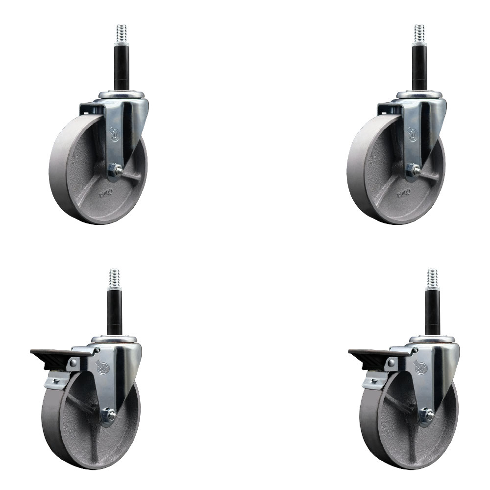 Semi Steel Cast Iron Swivel Expanding Stem Caster Set of 4 w/Roller Bearings - 5" x 1.5" Silver Wheels and 3/4" Stems - 2 with Posi Locking Brakes - 1200 lbs Total Capacity - Service Caster Brand — photo 1
