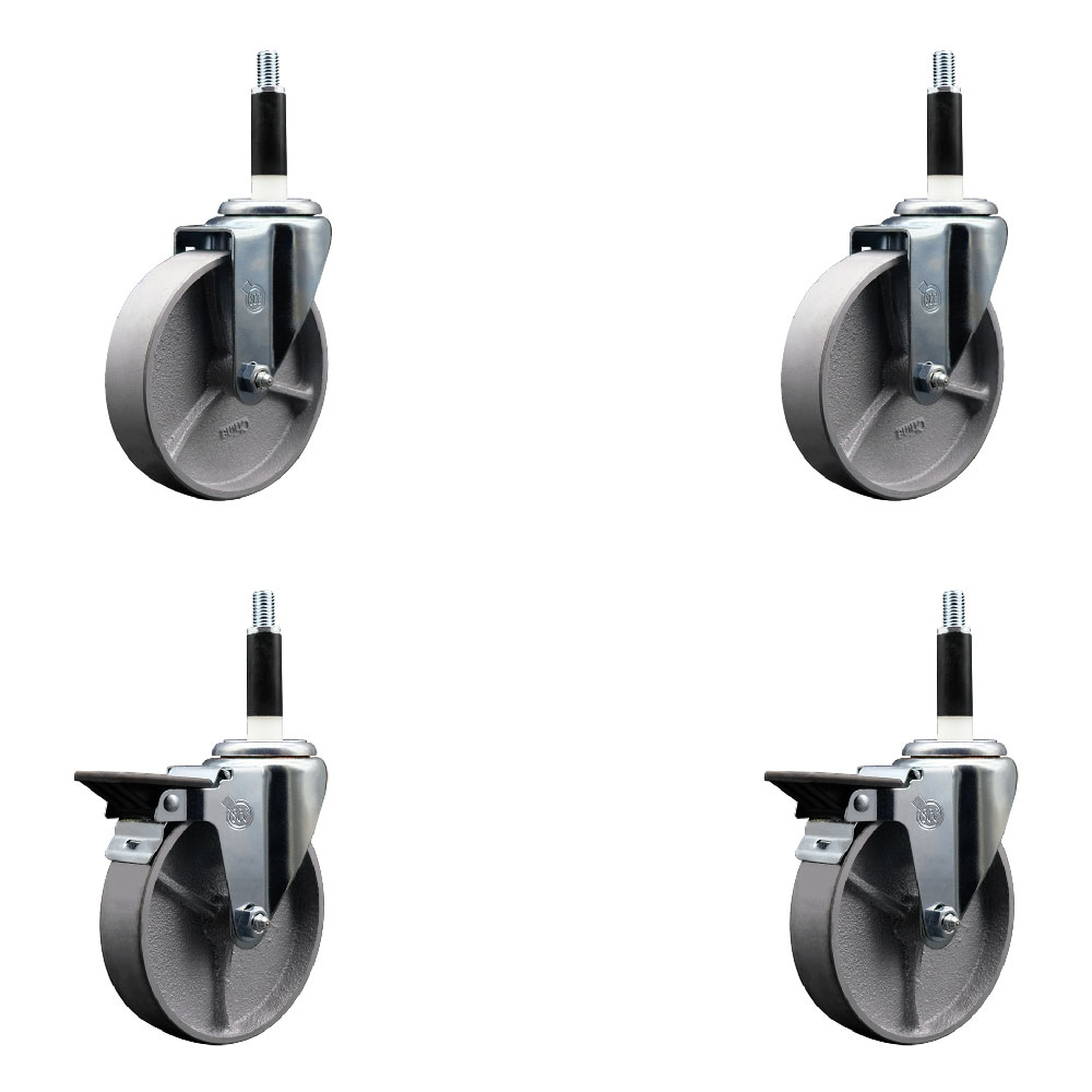 Semi Steel Cast Iron Swivel Expanding Stem Caster Set of 4 w/Roller Bearings - 5" x 1.5" Silver Wheels and 7/8" Stems - 2 with Posi Locking Brakes - 1200 lbs Total Capacity - Service Caster Brand — photo 1