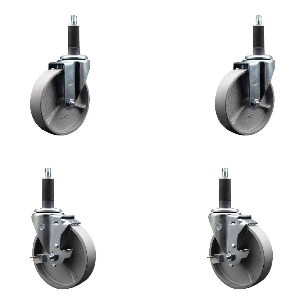 Semi Steel Cast Iron Swivel Expanding Stem Caster Set of 4 with 5 Inch Silver Wheels and 1" Stems - Includes 2 with Top Locking Brakes - 1200 lbs Total Capacity - Service Caster Brand — photo 1