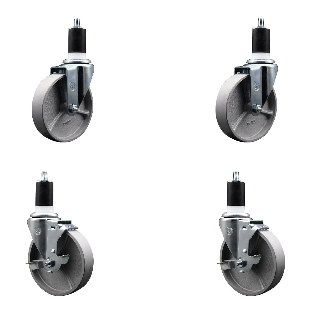 Semi Steel Cast Iron Swivel Expanding Stem Caster Set of 4 w/Roller Bearings - 5" x 1.5" Silver Wheels and 1-1/2" Stems - 2 with Top Locking Brakes - 1200 lbs Total Capacity - Service Caster Brand — photo 1