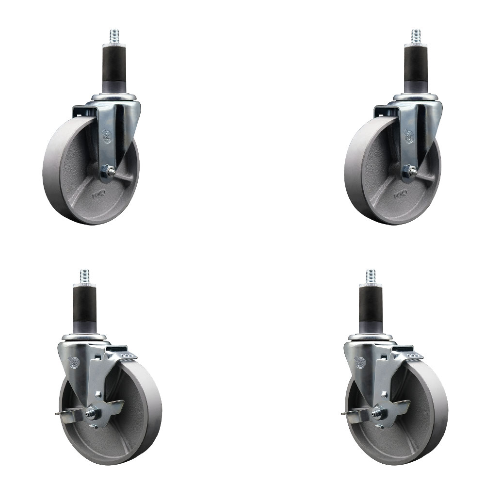 Semi Steel Cast Iron Swivel Expanding Stem Caster Set of 4 w/Roller Bearings - 5" x 1.5" Silver Wheels and 1-1/4" Stems - 2 with Top Locking Brakes - 1200 lbs Total Capacity - Service Caster Brand — photo 1