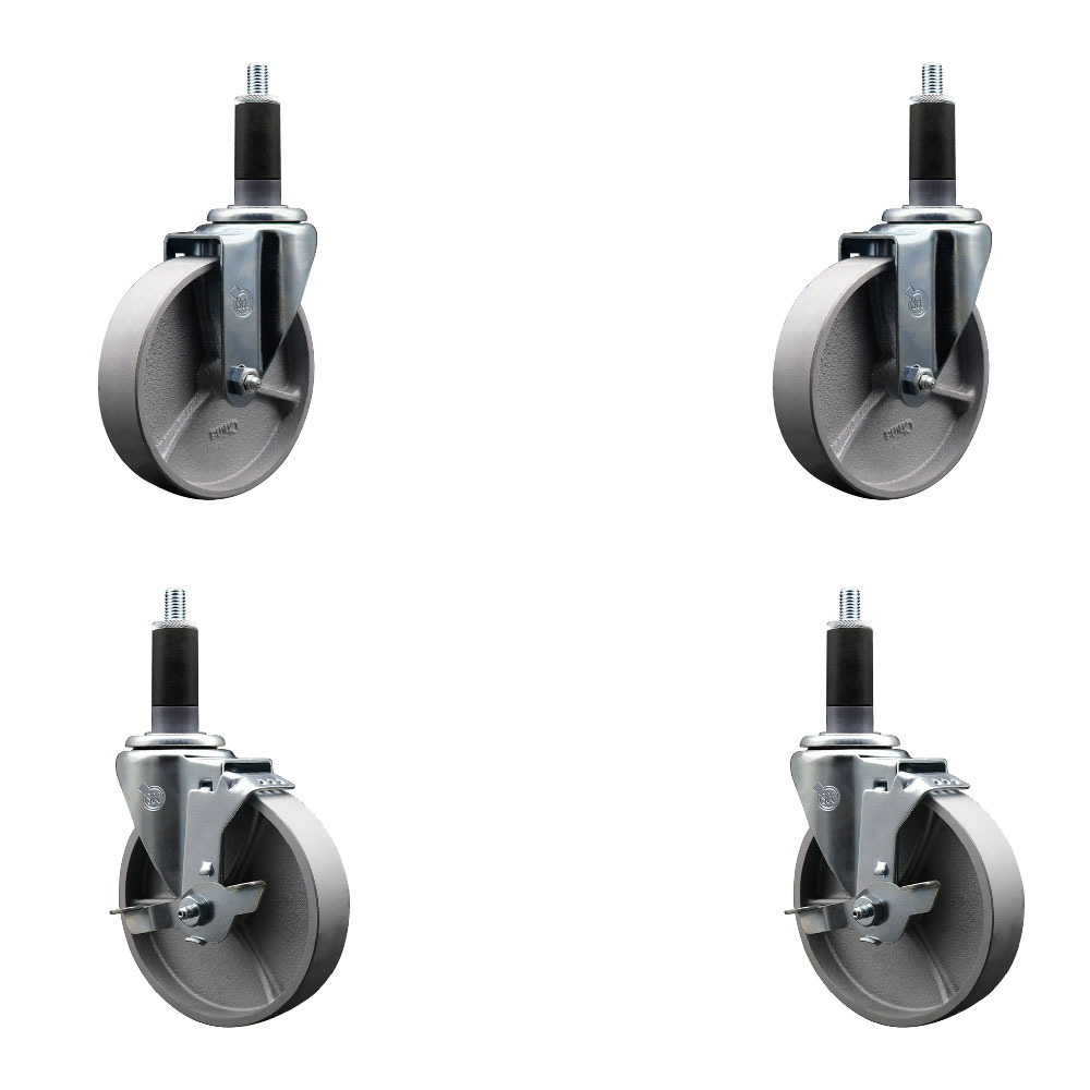 Semi Steel Cast Iron Swivel Expanding Stem Caster Set of 4 w/Roller Bearings - 5" x 1.5" Silver Wheels and 1-1/8" Stems - 2 with Top Locking Brakes - 1200 lbs Total Capacity - Service Caster Brand — photo 1