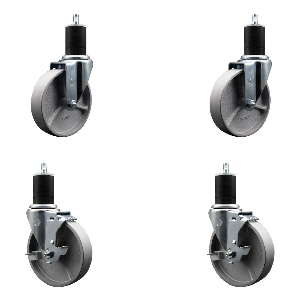 Semi Steel Cast Iron Swivel Expanding Stem Caster Set of 4 with 5 Inch Silver Wheels and 1-3/4" Stems - Includes 2 with Top Locking Brakes - 1200 lbs Total Capacity - Service Caster Brand — photo 1