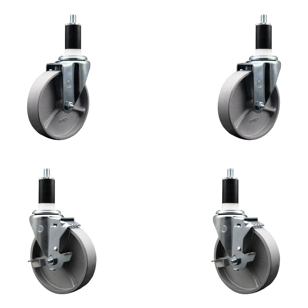 Semi Steel Cast Iron Swivel Expanding Stem Caster Set of 4 with 5 Inch Silver Wheels and 1-3/8" Stems - Includes 2 with Top Locking Brakes - 1200 lbs Total Capacity - Service Caster Brand — photo 1