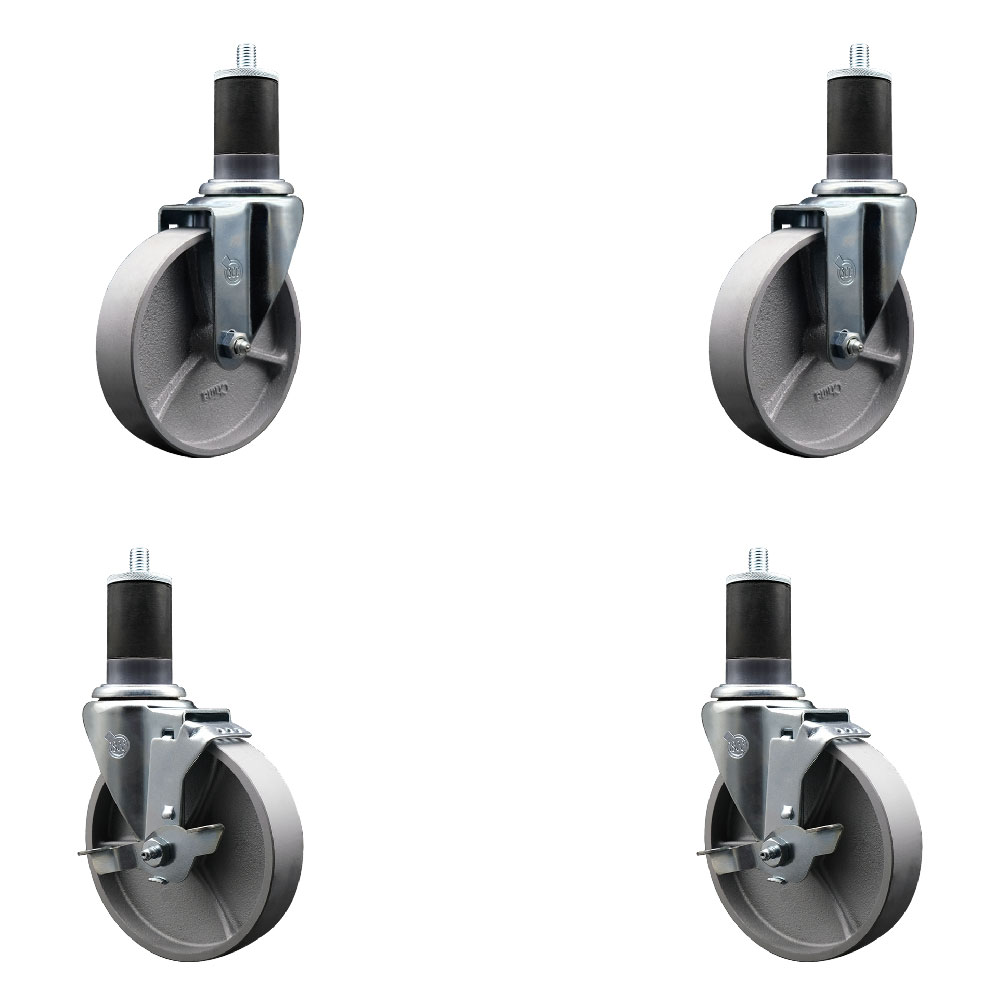 Semi Steel Cast Iron Swivel Expanding Stem Caster Set of 4 w/Roller Bearings - 5" x 1.5" Silver Wheels and 1-5/8" Stems - 2 with Top Locking Brakes - 1200 lbs Total Capacity - Service Caster Brand — photo 1