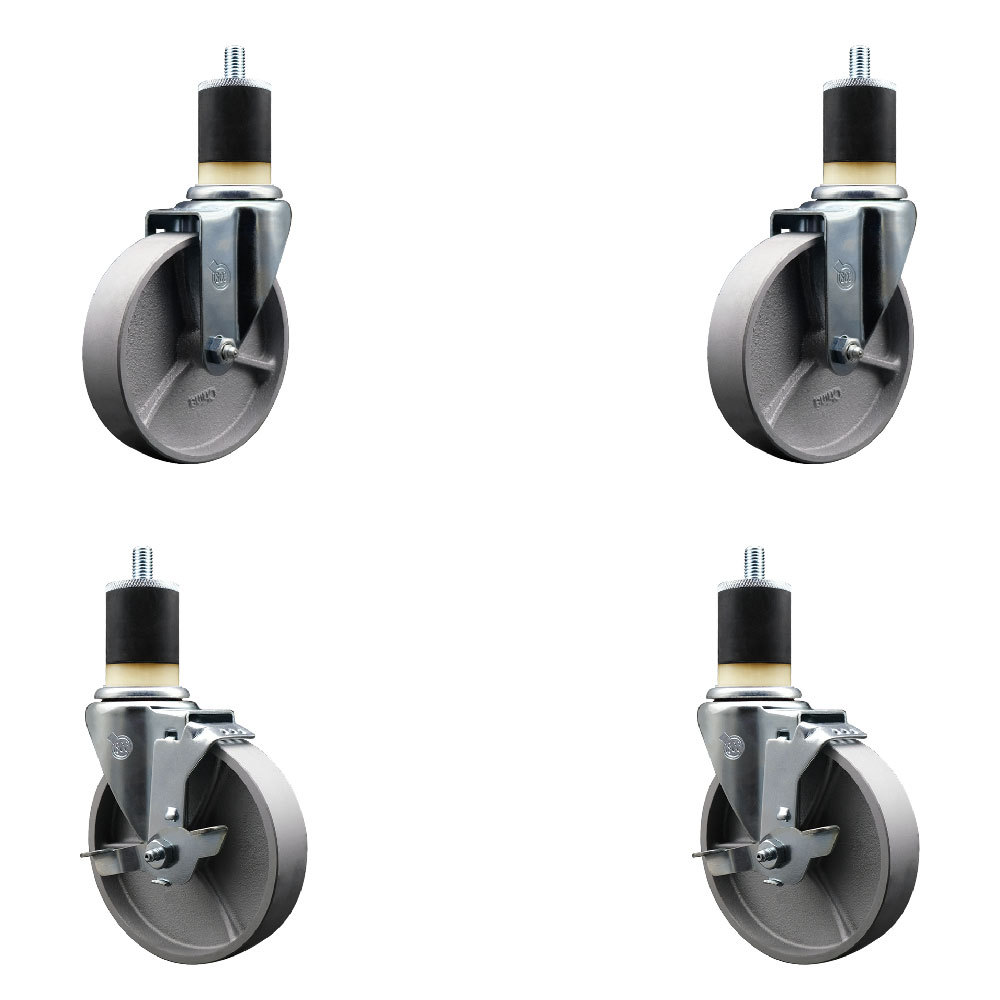 Semi Steel Cast Iron Swivel Expanding Stem Caster Set of 4 with 5 Inch Silver Wheels and 1-7/8" Stems - Includes 2 with Top Locking Brakes - 1200 lbs Total Capacity - Service Caster Brand — photo 1