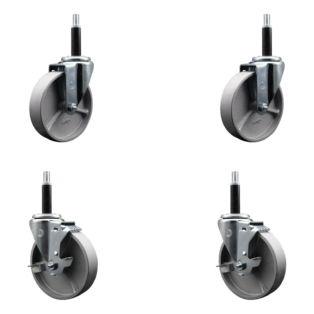 Semi Steel Cast Iron Swivel Expanding Stem Caster Set of 4 w/Roller Bearings - 5" x 1.5" Silver Wheels and 3/4" Stems - 2 with Top Locking Brakes - 1200 lbs Total Capacity - Service Caster Brand — photo 1
