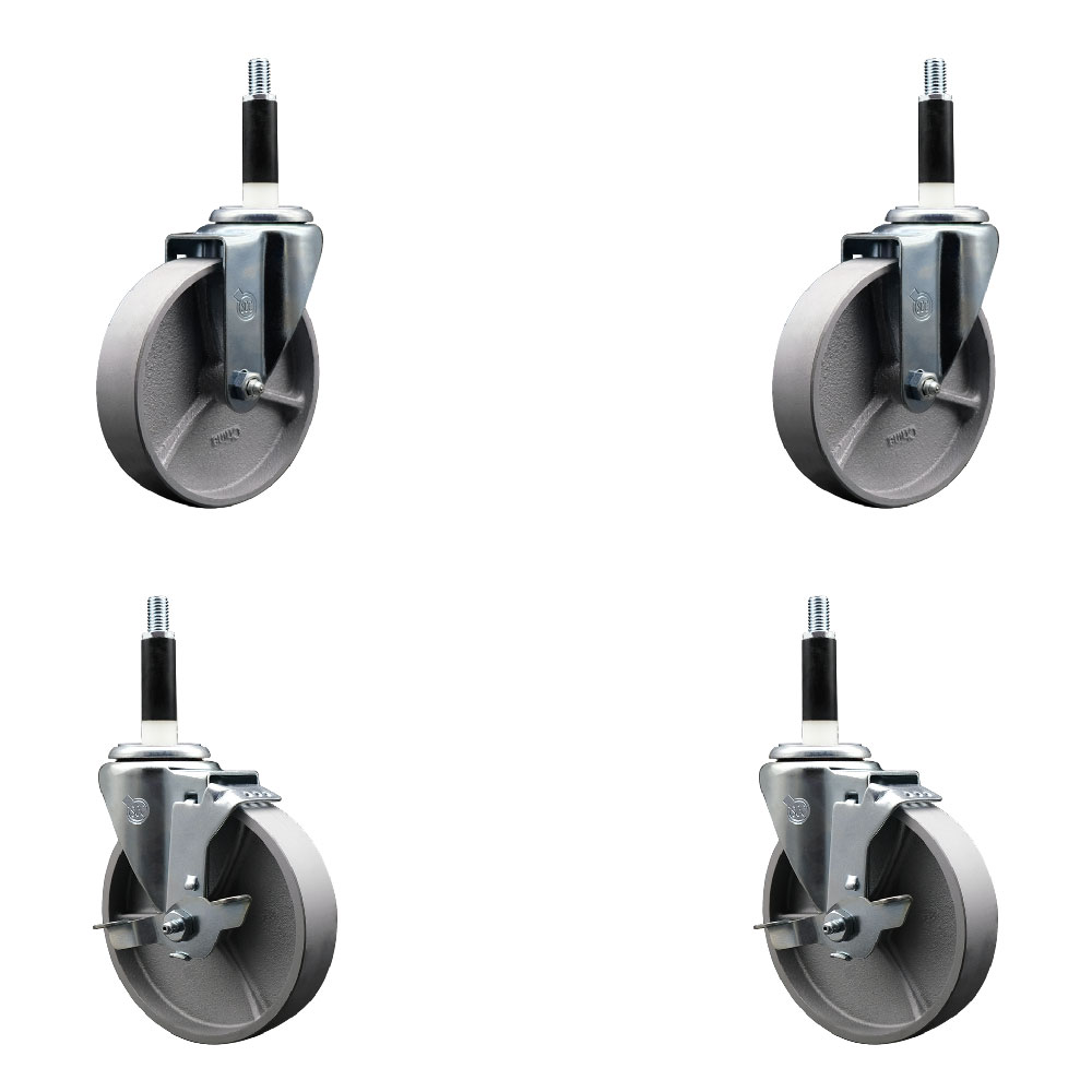 Semi Steel Cast Iron Swivel Expanding Stem Caster Set of 4 with 5 Inch Silver Wheels and 7/8" Stems - Includes 2 with Top Locking Brakes - 1200 lbs Total Capacity - Service Caster Brand — photo 1