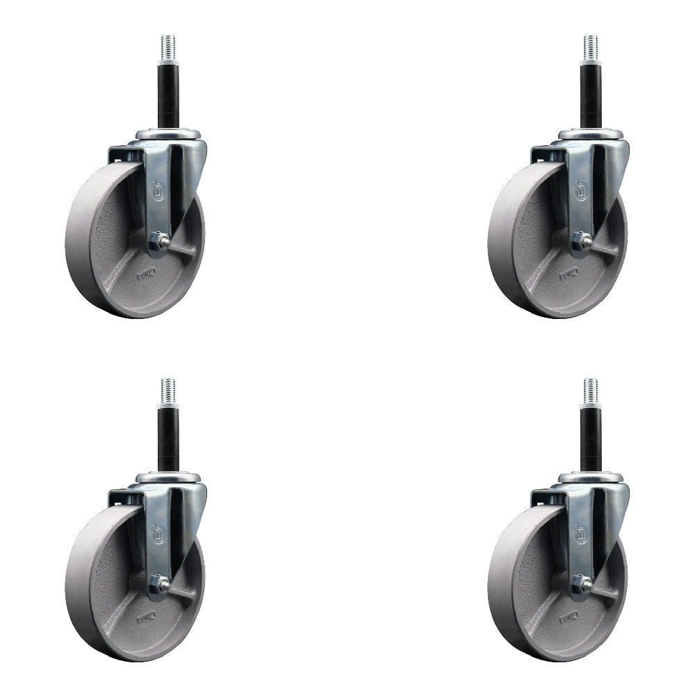 Semi Steel Cast Iron Swivel Expanding Stem Caster Set of 4 with Roller Bearings - 5" x 1.5" Silver Wheels and 3/4" Stems - Includes 4 Swivel - 1200 lbs Total Capacity - Service Caster Brand — photo 1