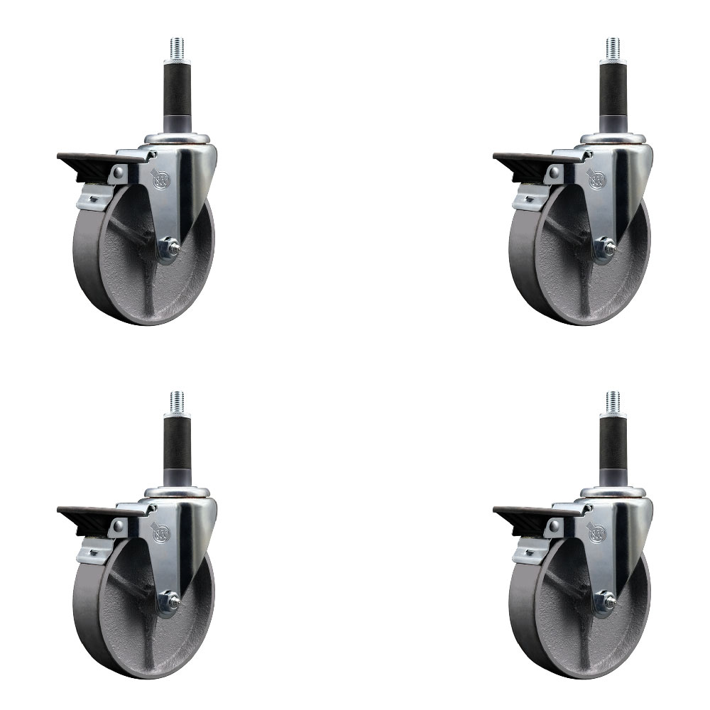 Semi Steel Cast Iron Swivel Expanding Stem Caster Set of 4 with Roller Bearings - 5" x 1.5" Silver Wheels and 1" Stems - 4 with Posi Lock Brakes - 1200 lbs Total Capacity - Service Caster Brand — photo 1