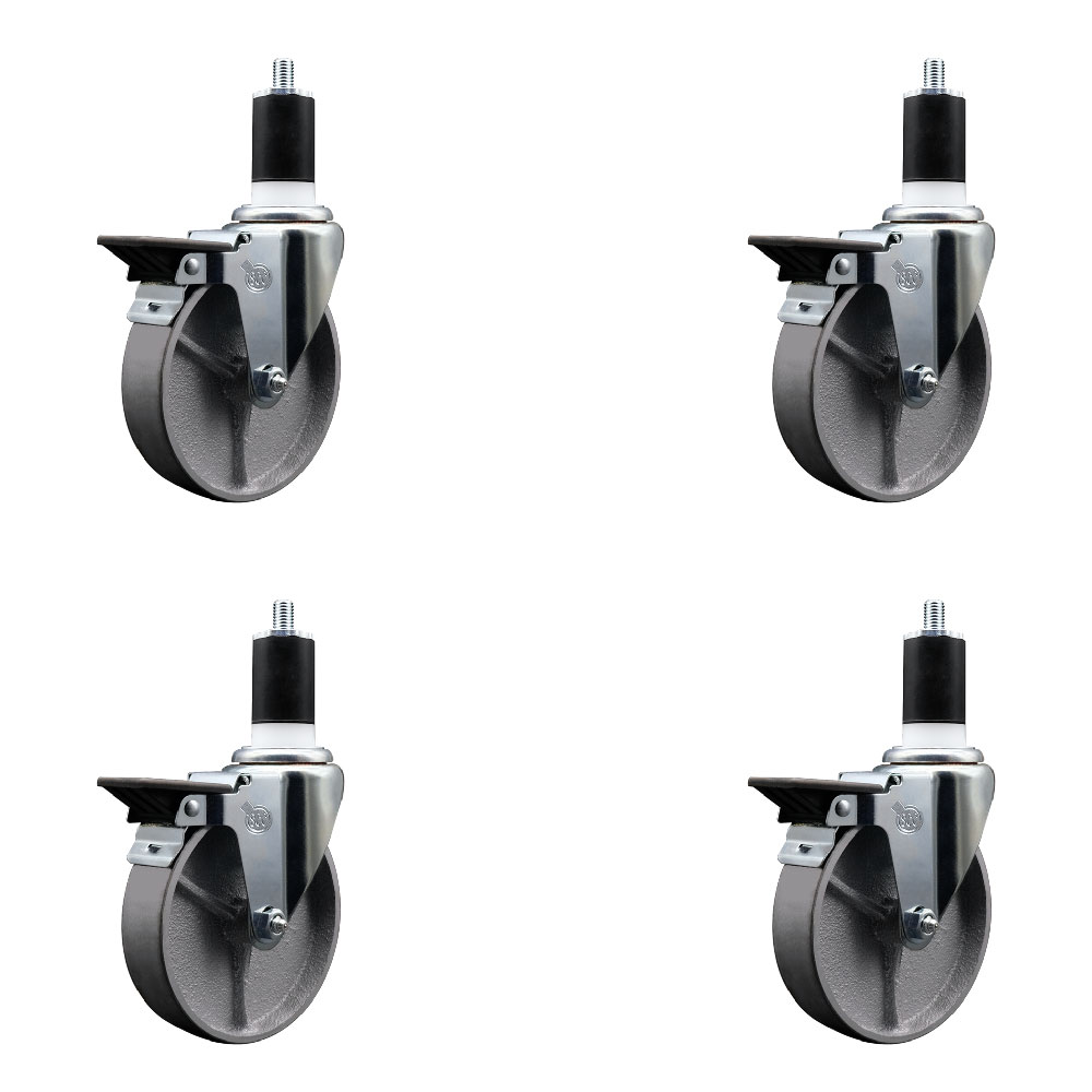 Semi Steel Cast Iron Swivel Expanding Stem Caster Set of 4 with Roller Bearings - 5" x 1.5" Silver Wheels and 1-1/2" Stems - 4 with Posi Lock Brakes - 1200 lbs Total Capacity - Service Caster Brand — photo 1