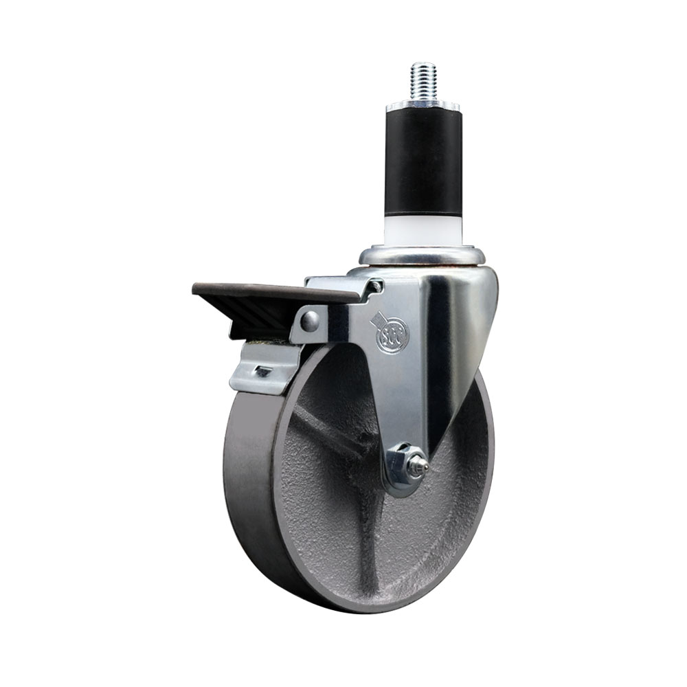 Semi Steel Cast Iron Swivel Expanding Stem Swivel Caster with 5 Inch Silver Wheel and 1-1/2" Stem & Posi Locking Brake - 300 lbs. Capacity Per Caster - Service Caster Brand — photo 1