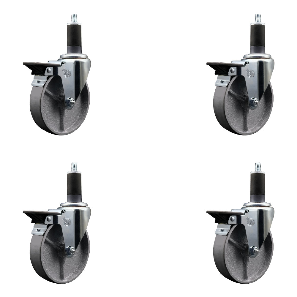Semi Steel Cast Iron Swivel Expanding Stem Caster Set of 4 with Roller Bearings - 5" x 1.5" Silver Wheels and 1-1/4" Stems - 4 with Posi Lock Brakes - 1200 lbs Total Capacity - Service Caster Brand — photo 1