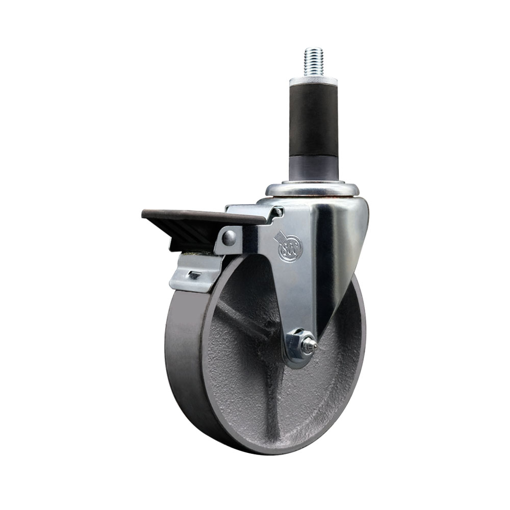 Semi Steel Cast Iron Swivel Expanding Stem Swivel Caster with 5 Inch Silver Wheel and 1-1/4" Stem & Posi Locking Brake - 300 lbs. Capacity Per Caster - Service Caster Brand — photo 1