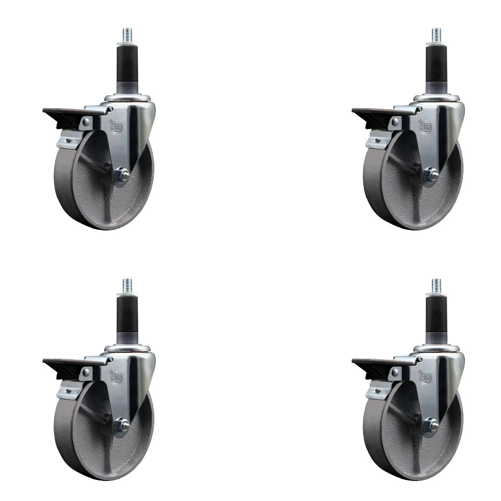 Semi Steel Cast Iron Swivel Expanding Stem Caster Set of 4 with Roller Bearings - 5" x 1.5" Silver Wheels and 1-1/8" Stems - 4 with Posi Lock Brakes - 1200 lbs Total Capacity - Service Caster Brand — photo 1