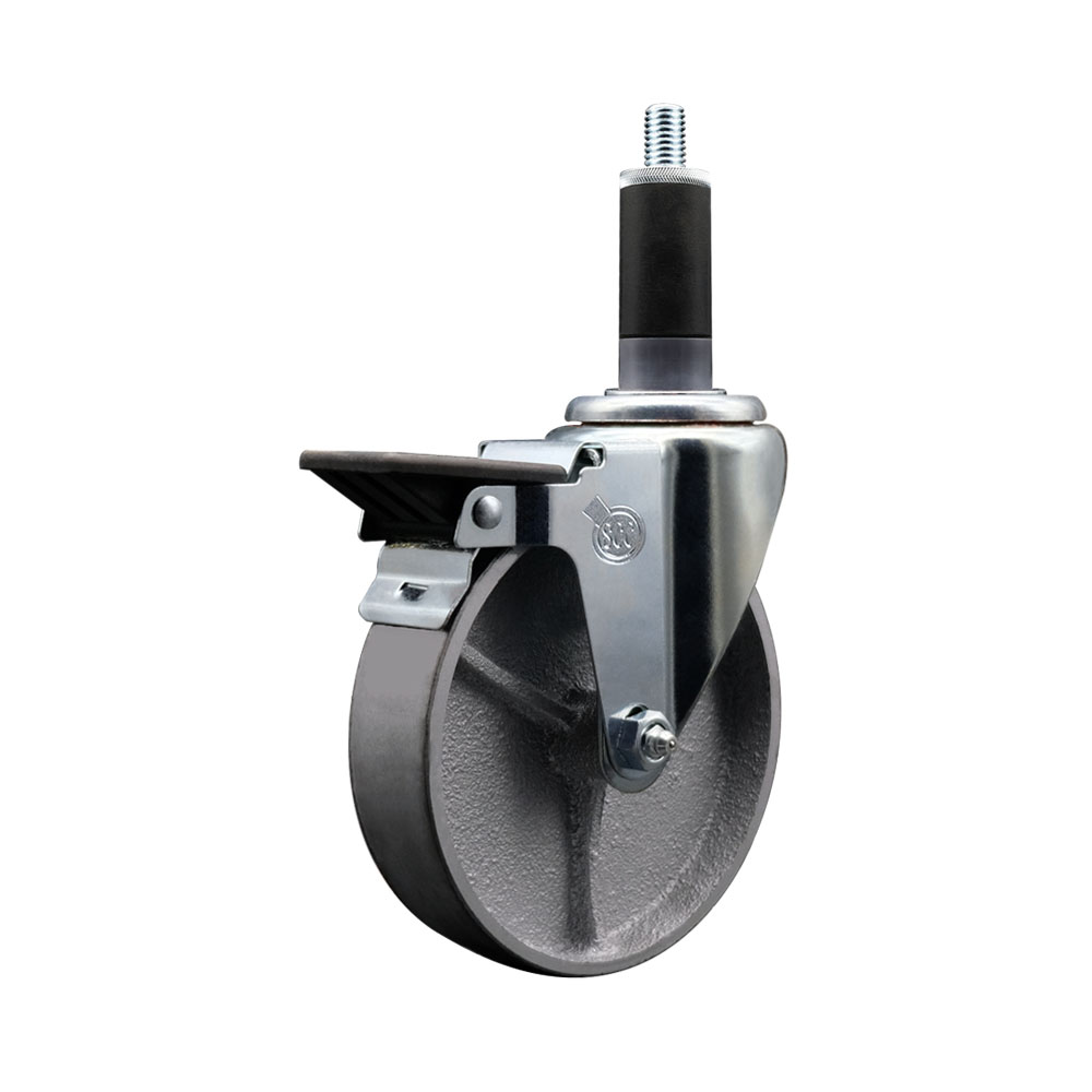 Semi Steel Cast Iron Swivel Expanding Stem Caster w/Roller Bearing - 5" x 1.5" Silver Wheel and 1-1/8" Stem & Posi Locking Brake - 300 lbs Capacity/Caster - Service Caster Brand — photo 1