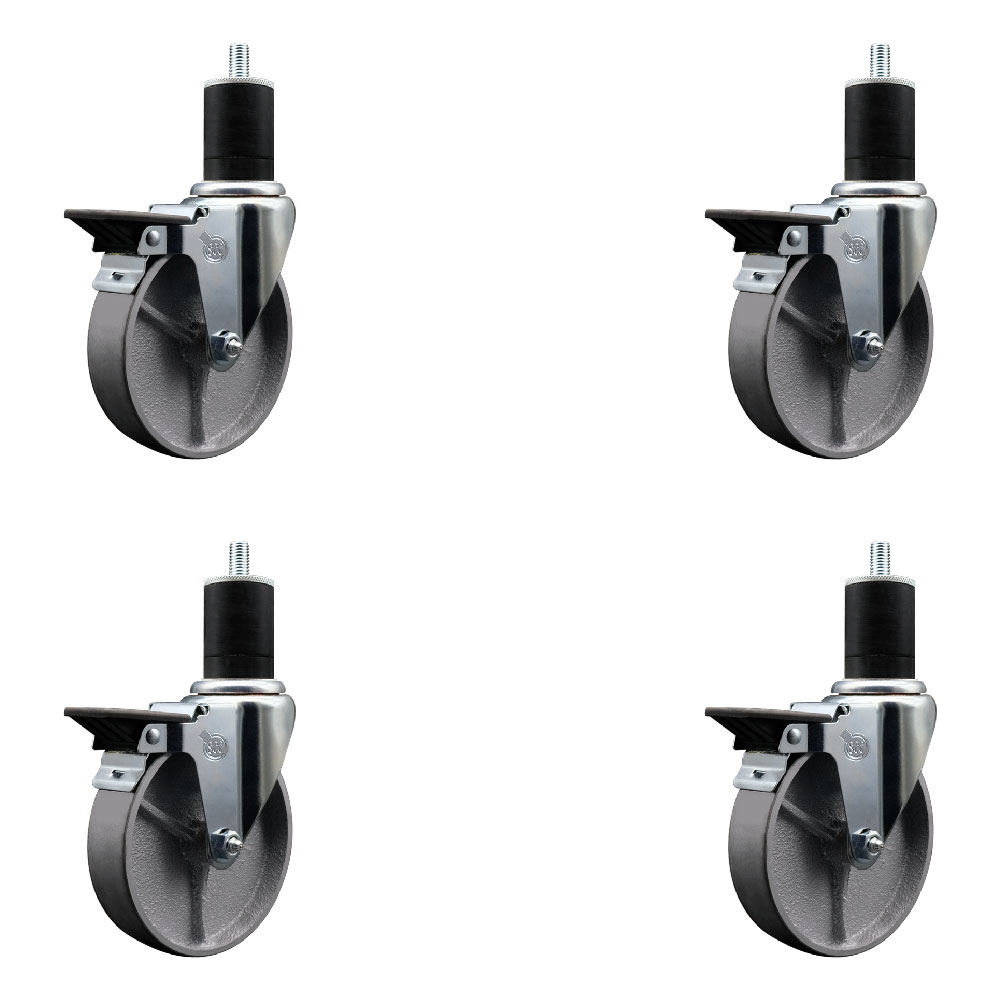 Semi Steel Cast Iron Swivel Expanding Stem Caster Set of 4 with 5 Inch Silver Wheels and 1-3/4" Stems - Includes 4 Swivel with Posi Locking Brakes - 300 lbs. Capacity Per Caster - Service Caster Brand — photo 1