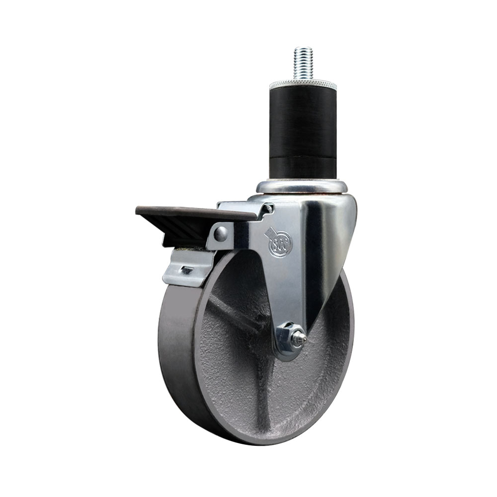 Semi Steel Cast Iron Swivel Expanding Stem Caster w/Roller Bearing - 5" x 1.5" Silver Wheel and 1-3/4" Stem & Posi Locking Brake - 300 lbs Capacity/Caster - Service Caster Brand — photo 1