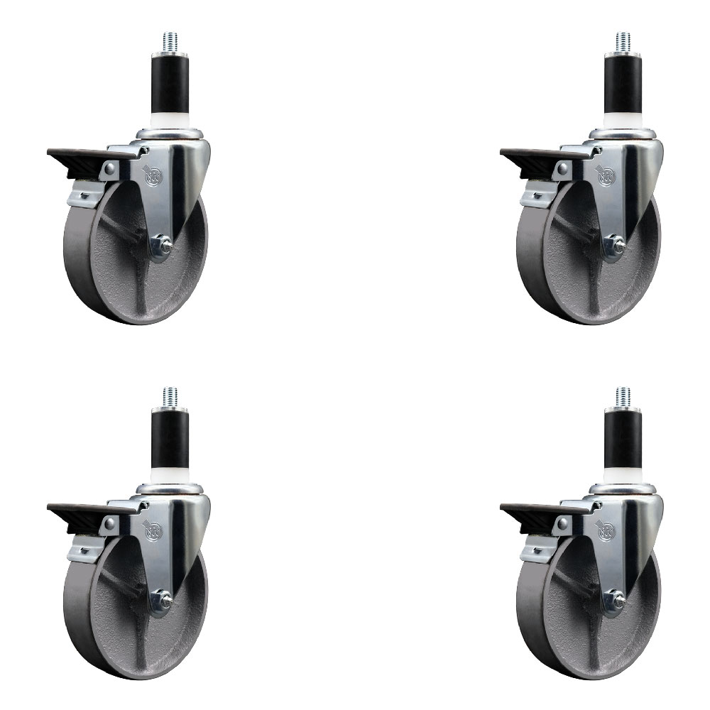 Semi Steel Cast Iron Swivel Expanding Stem Caster Set of 4 with Roller Bearings - 5" x 1.5" Silver Wheels and 1-3/8" Stems - 4 with Posi Lock Brakes - 1200 lbs Total Capacity - Service Caster Brand — photo 1