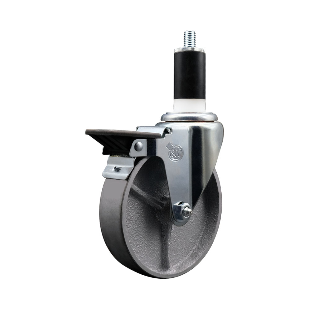 Semi Steel Cast Iron Swivel Expanding Stem Caster w/Roller Bearing - 5" x 1.5" Silver Wheel and 1-3/8" Stem & Posi Locking Brake - 300 lbs Capacity/Caster - Service Caster Brand — photo 1