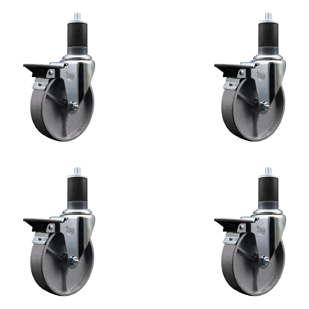 Semi Steel Cast Iron Swivel Expanding Stem Caster Set of 4 with Roller Bearings - 5" x 1.5" Silver Wheels and 1-5/8" Stems - 4 with Posi Lock Brakes - 1200 lbs Total Capacity - Service Caster Brand — photo 1