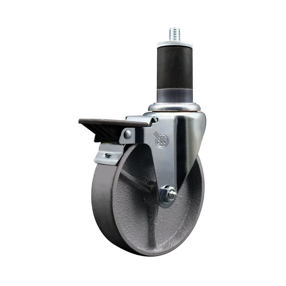 Semi Steel Cast Iron Swivel Expanding Stem Caster w/Roller Bearing - 5" x 1.5" Silver Wheel and 1-5/8" Stem & Posi Locking Brake - 300 lbs Capacity/Caster - Service Caster Brand — photo 1