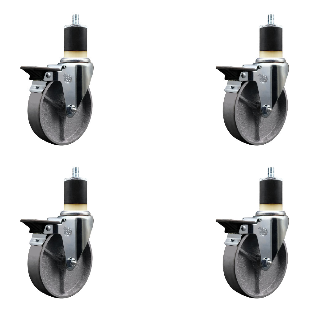 Semi Steel Cast Iron Swivel Expanding Stem Caster Set of 4 with Roller Bearings - 5" x 1.5" Silver Wheels and 1-7/8" Stems - 4 with Posi Lock Brakes - 1200 lbs Total Capacity - Service Caster Brand — photo 1