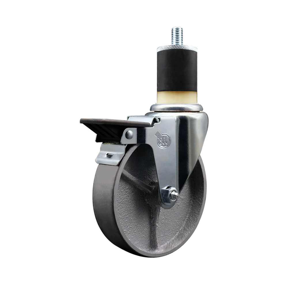 Semi Steel Cast Iron Swivel Expanding Stem Caster w/Roller Bearing - 5" x 1.5" Silver Wheel and 1-7/8" Stem & Posi Locking Brake - 300 lbs Capacity/Caster - Service Caster Brand — photo 1