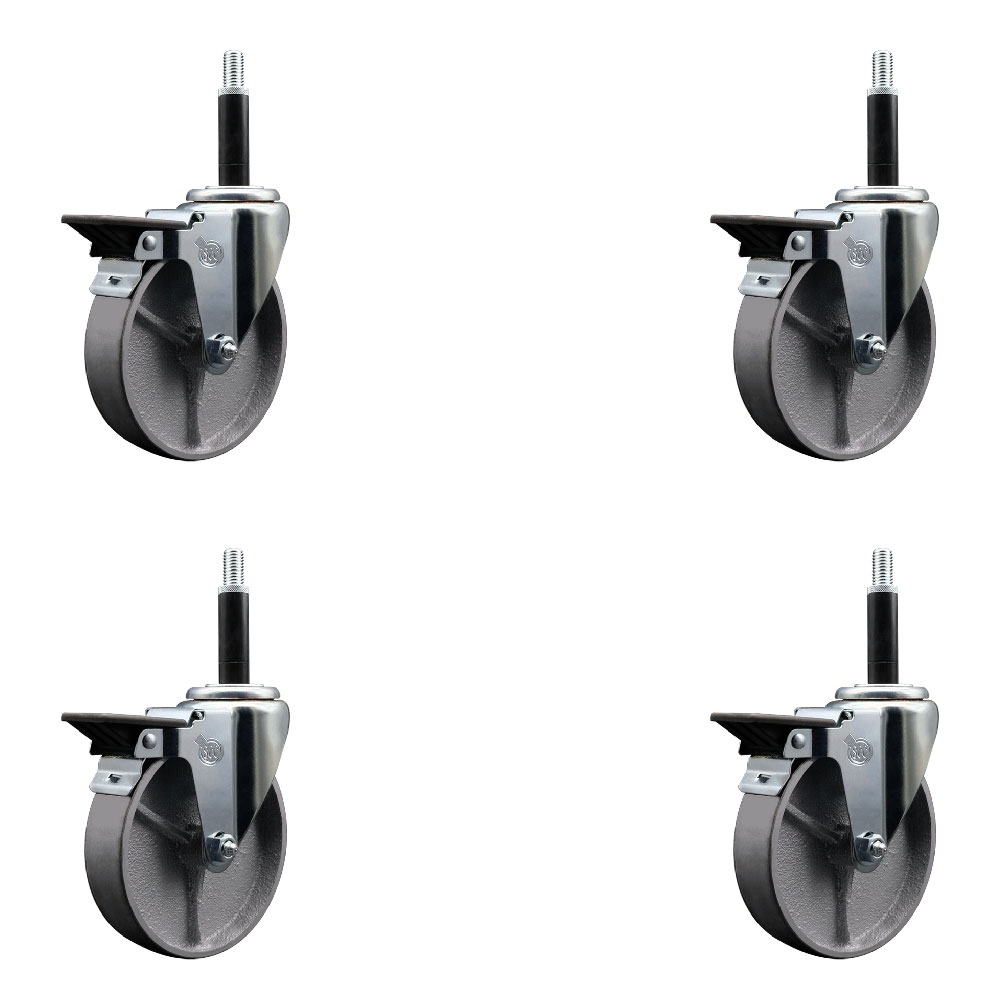 Semi Steel Cast Iron Swivel Expanding Stem Caster Set of 4 with Roller Bearings - 5" x 1.5" Silver Wheels and 3/4" Stems - 4 with Posi Lock Brakes - 1200 lbs Total Capacity - Service Caster Brand — photo 1