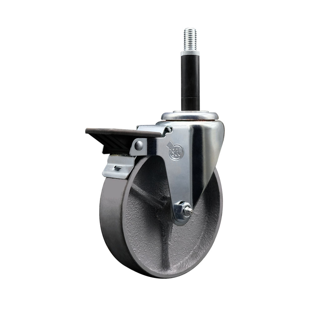 Semi Steel Cast Iron Swivel Expanding Stem Caster w/Roller Bearing - 5" x 1.5" Silver Wheel and 3/4" Stem & Posi Locking Brake - 300 lbs Capacity/Caster - Service Caster Brand — photo 1