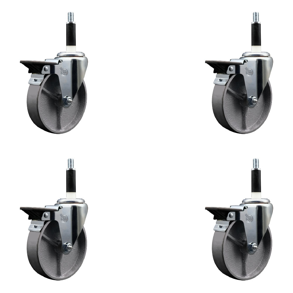 Semi Steel Cast Iron Swivel Expanding Stem Caster Set of 4 with Roller Bearings - 5" x 1.5" Silver Wheels and 7/8" Stems - 4 with Posi Lock Brakes - 1200 lbs Total Capacity - Service Caster Brand — photo 1