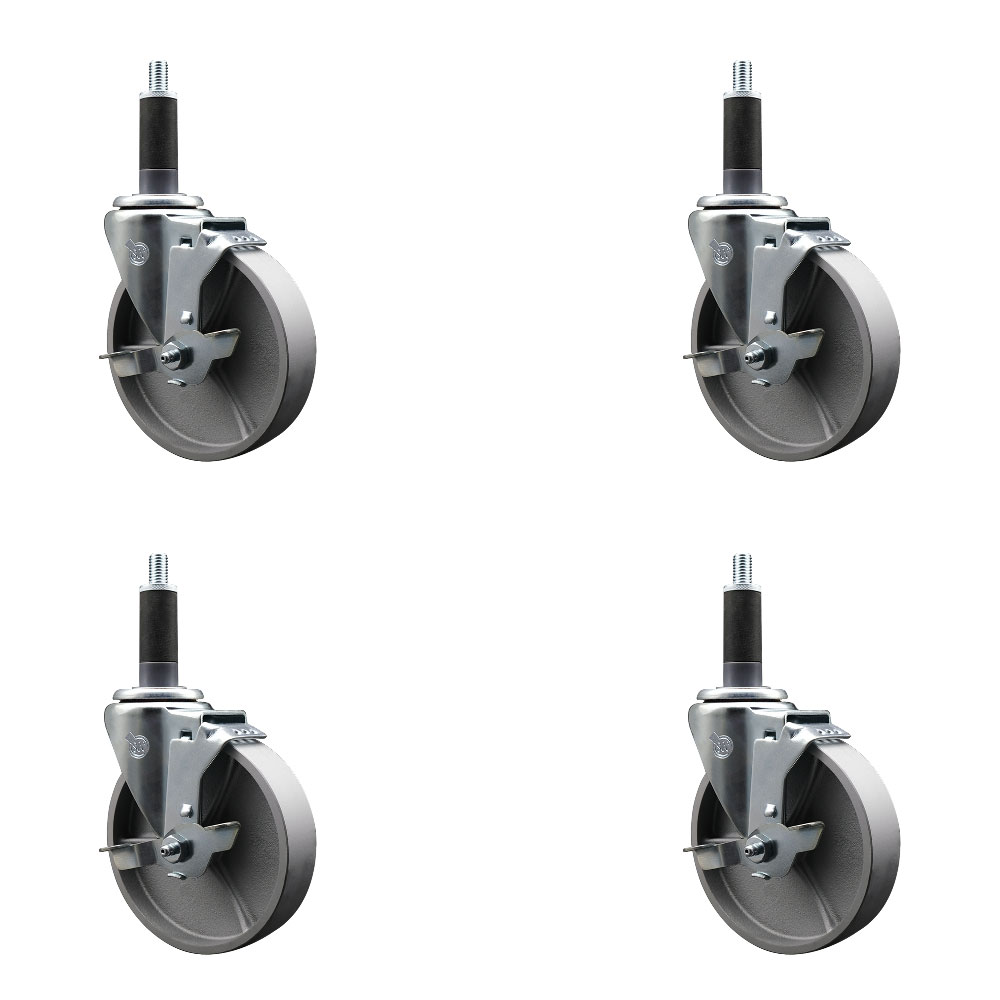 Semi Steel Cast Iron Swivel Expanding Stem Caster Set of 4 with Roller Bearings - 5" x 1.5" Silver Wheels and 1" Stems - 4 with Top Lock Brakes - 1200 lbs Total Capacity - Service Caster Brand — photo 1
