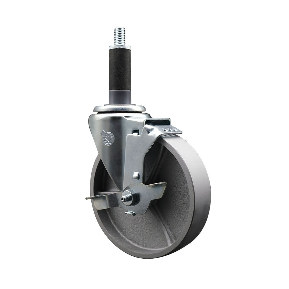 Semi Steel Cast Iron Swivel Expanding Stem Caster w/Roller Bearing - 4" x 1.5" Silver Wheel and 1" Stem & Top Locking Brake - 300 lbs Capacity/Caster - Service Caster Brand — photo 1
