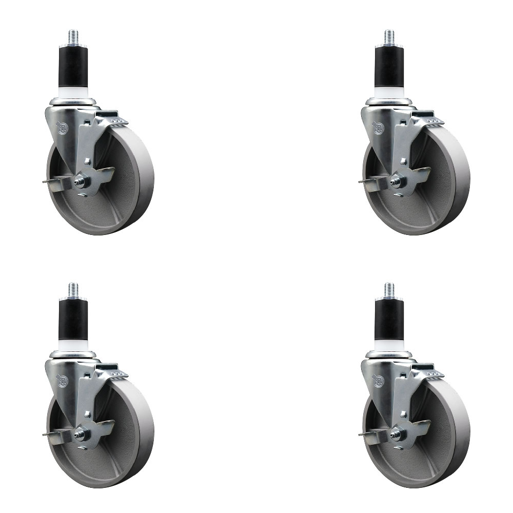 Semi Steel Cast Iron Swivel Expanding Stem Caster Set of 4 with Roller Bearings - 5" x 1.5" Silver Wheels and 1-1/2" Stems - 4 with Top Lock Brakes - 1200 lbs Total Capacity - Service Caster Brand — photo 1