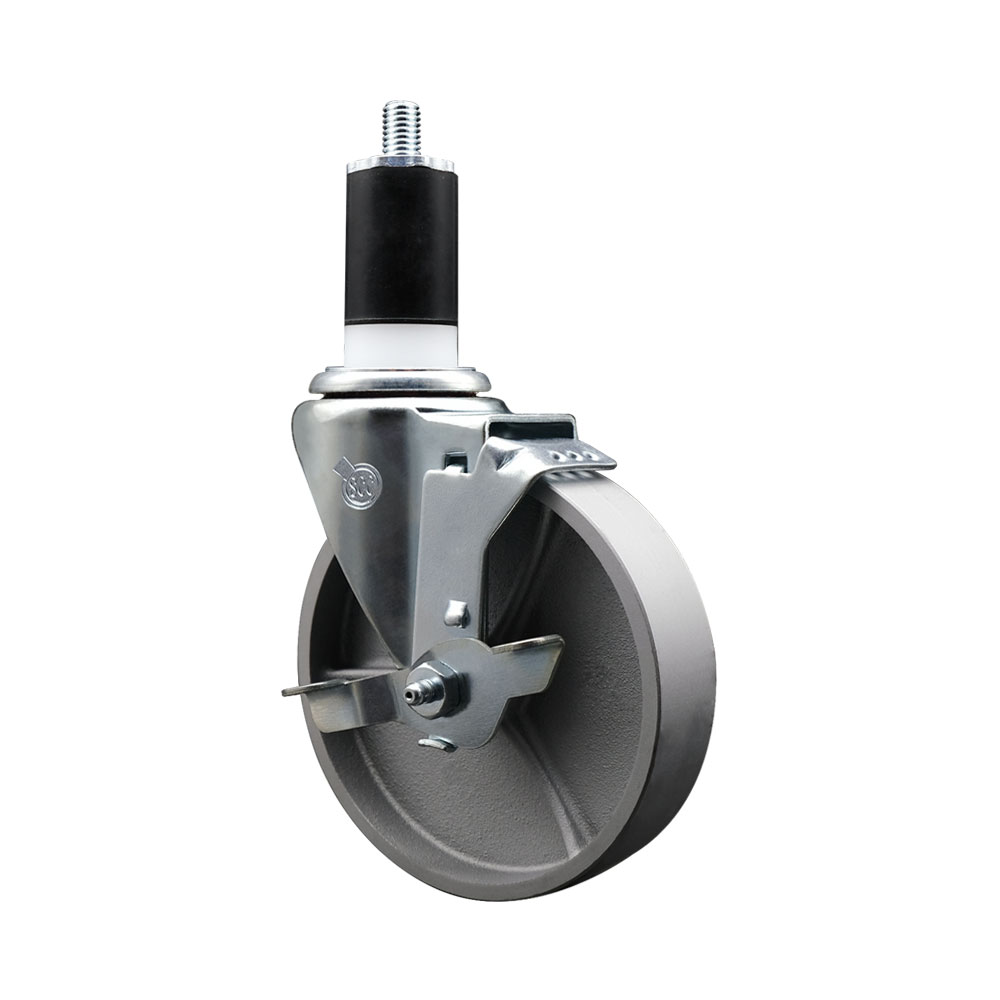 Semi Steel Cast Iron Swivel Expanding Stem Caster w/Roller Bearing - 5" x 1.5" Silver Wheel and 1-1/2" Stem & Top Locking Brake - 300 lbs Capacity/Caster - Service Caster Brand — photo 1