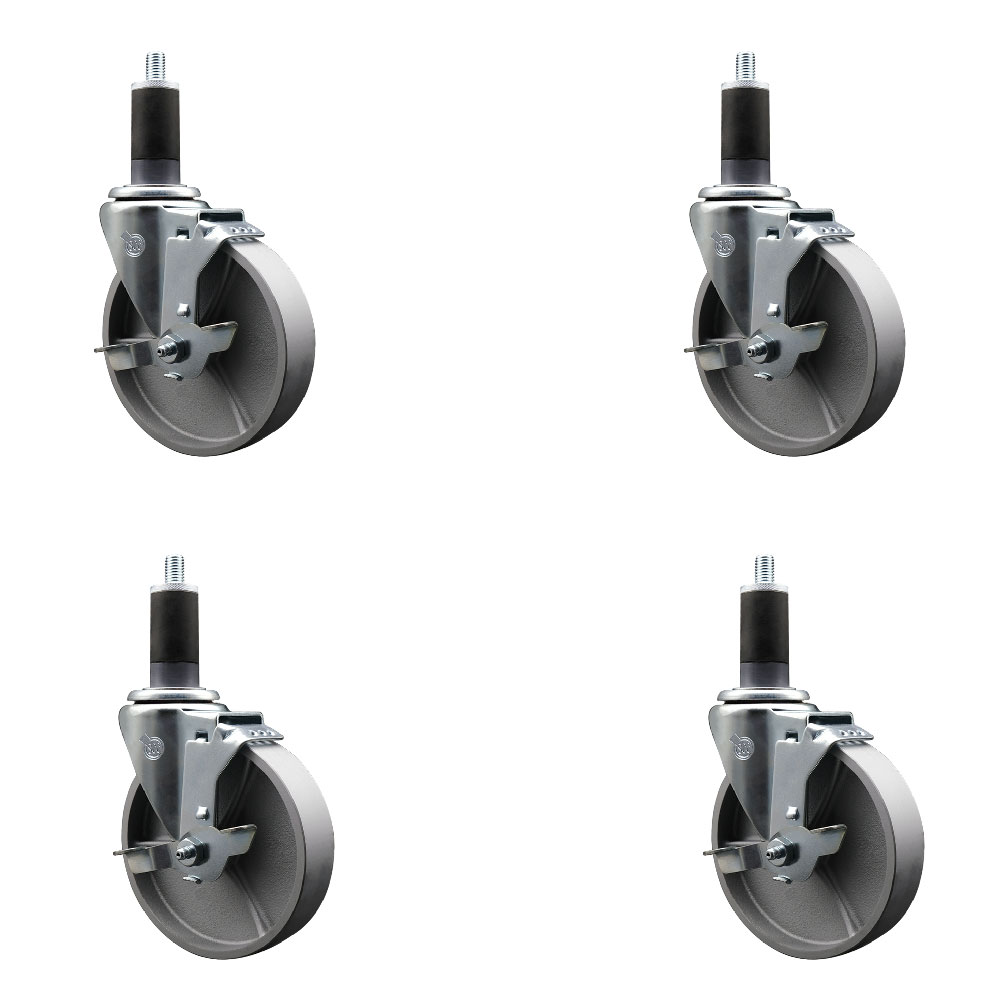 Semi Steel Cast Iron Swivel Expanding Stem Caster Set of 4 with Roller Bearings - 5" x 1.5" Silver Wheels and 1-1/4" Stems - 4 with Top Lock Brakes - 1200 lbs Total Capacity - Service Caster Brand — photo 1