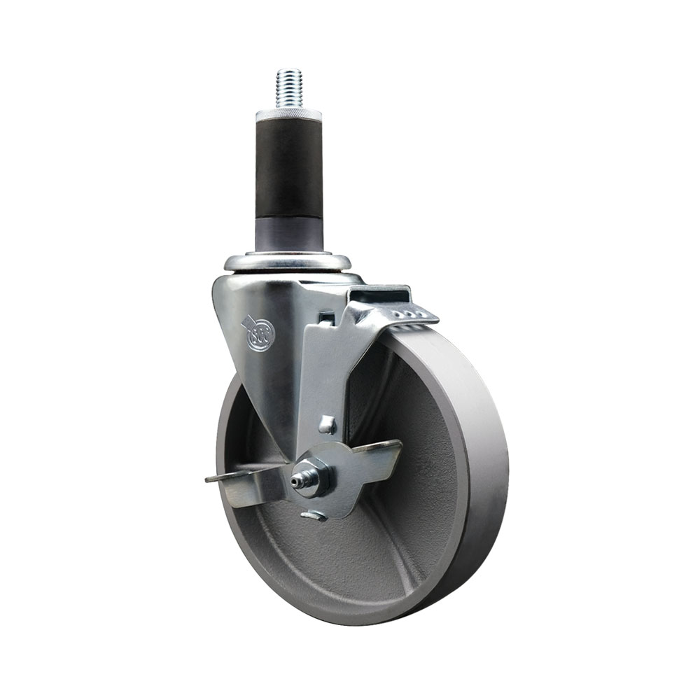 Semi Steel Cast Iron Swivel Expanding Stem Caster w/Roller Bearing - 5" x 1.5" Silver Wheel and 1-1/4" Stem & Top Locking Brake - 300 lbs Capacity/Caster - Service Caster Brand — photo 1