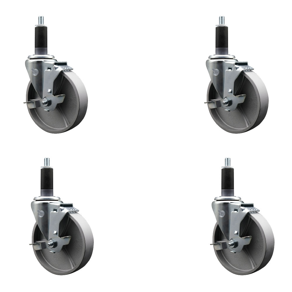 Semi Steel Cast Iron Swivel Expanding Stem Caster Set of 4 with 5 Inch Silver Wheels and 1-1/8" Stems - Includes 4 Swivel with Top Locking Brakes - 300 lbs. Capacity Per Caster - Service Caster Brand — photo 1