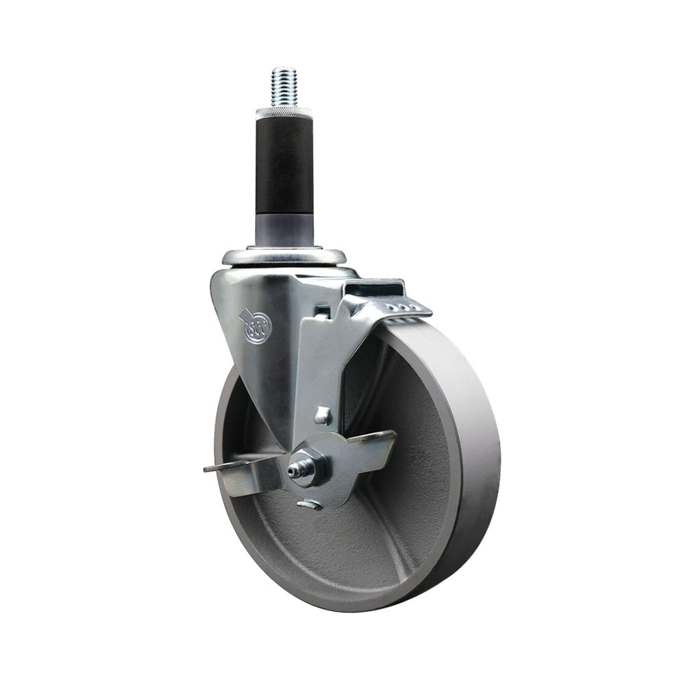 Semi Steel Cast Iron Swivel Expanding Stem Caster w/Roller Bearing - 5" x 1.5" Silver Wheel and 1-1/8" Stem & Top Locking Brake - 300 lbs Capacity/Caster - Service Caster Brand — photo 1
